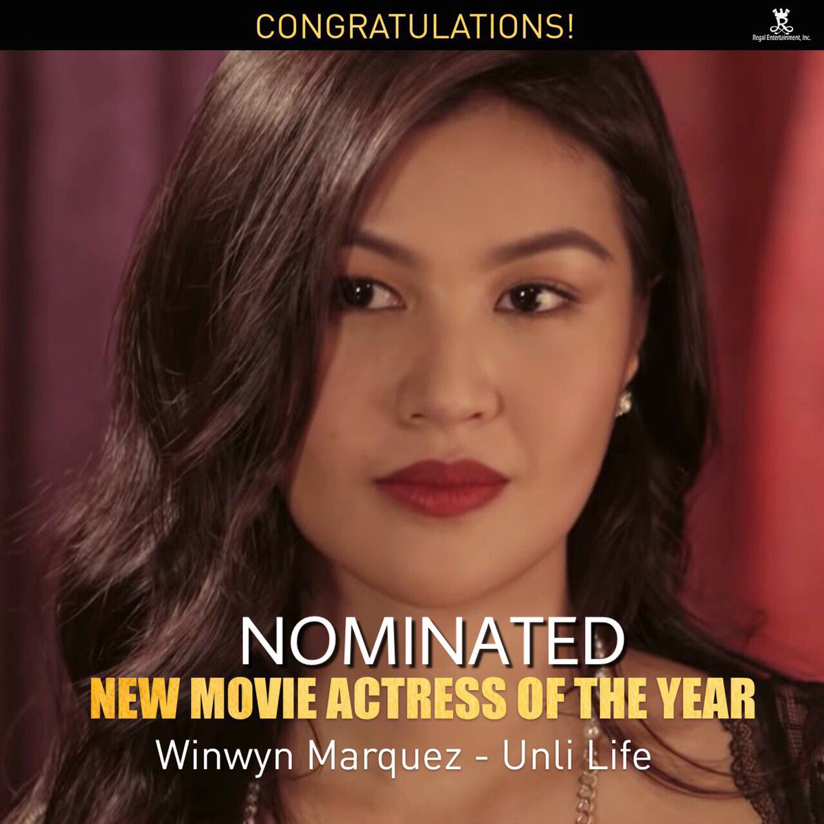 RegalFilms's tweet photo. Congratulations Winwyn Marquez!  Nominated for New Movie Actress of the Year for her role in ’Unli Life’ at the 35th PMPC Star Awards For Movies! 😊 #PMPCStarAwards #UnliLife @wynmarquez https://t.co/xwaav7I8Dw
