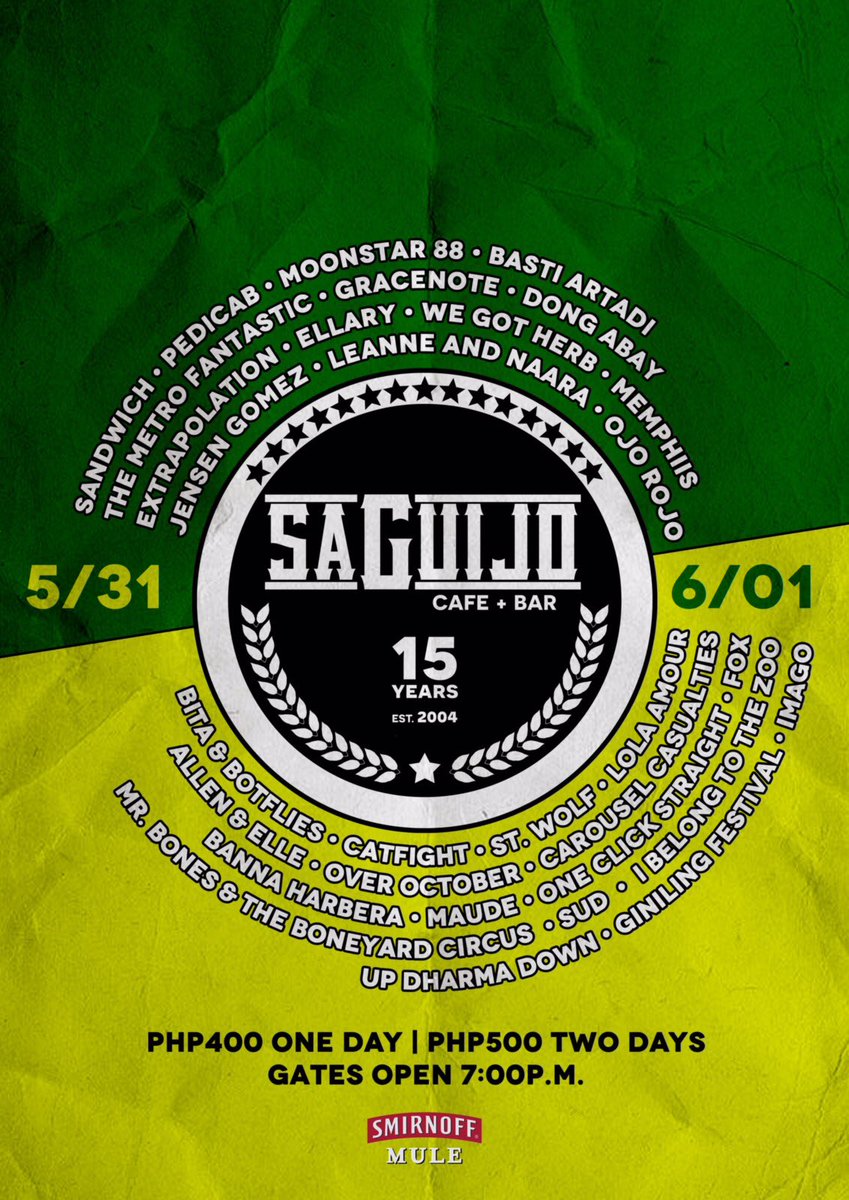 Inintay mo ba talaga? Ito na...

Punta ka ha? 

Join us as we celebrate our 15th Year Anniversary. 

See you all on May 31 and June 1 
7pm Open house 
Entrance is 400 for 1 day, 500 for 2 days! 

#saGuijo15thAnniversary 
#saGuijo15