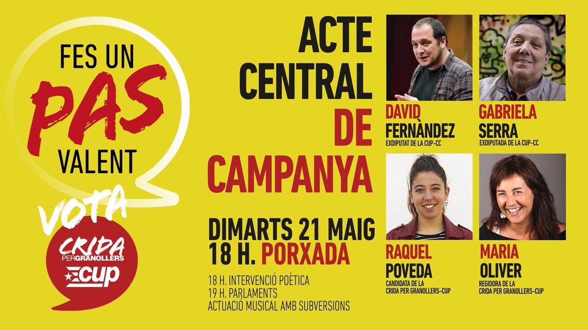 CUPGranollers's tweet photo. 📌AVUI 18 h. A LA PORXADA  #Granollers

👣 David Fernàndez @HiginiaRoig 
👣 Gabriela Serra @mgabriela_serra 
👣 Raquel Poveda @Somriuidiu 
👣 Maria Oliver @moliver_grn 

🎭Amb intervenció poètica i música de Subversions

I diumemge fes #UnPasValent
#AtreveixTe i vota CUP! https://t.co/2q5RHvtoo2