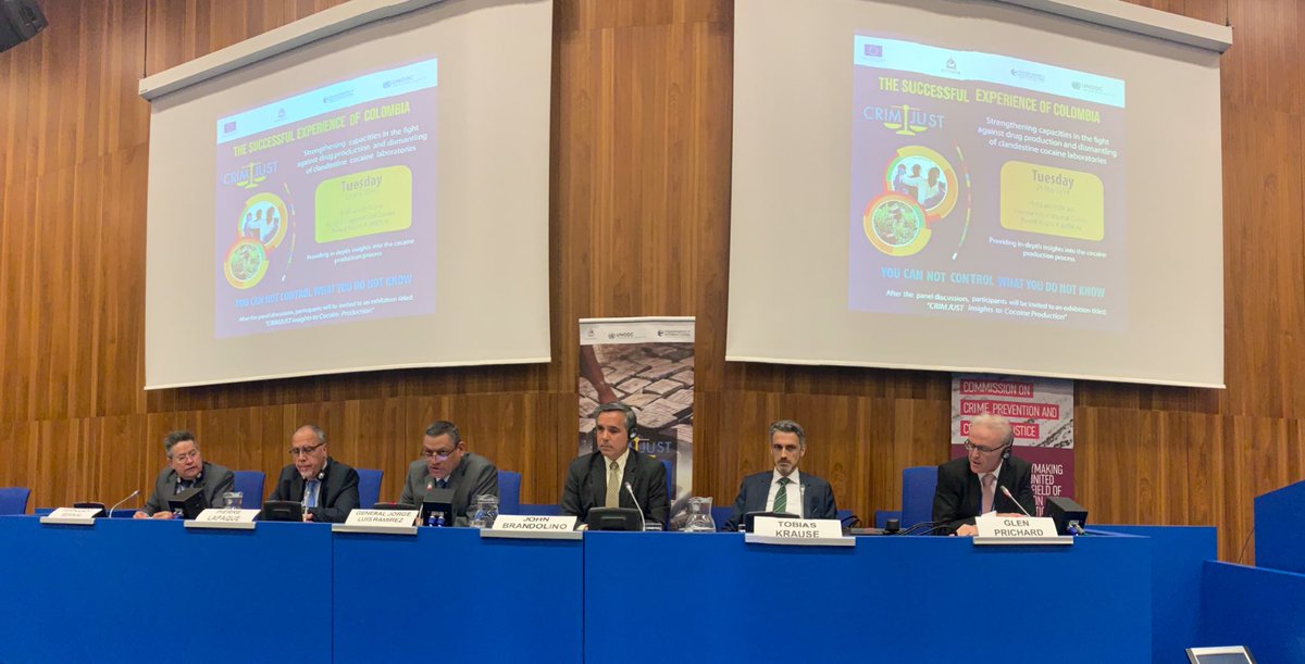 CRIMJUST_UNODC's tweet image. Day2 🗓 #CCPCJ28 - STARTING NOW: special side event organized by @UNODC, under the framework of CRIMJUST Global Programme and the Integrated Illicit Crop Monitoring System Project #SIMCI @UNODCColombia jointly with the Anti-Narcotics Police of Colombia 🇨🇴 @PoliciaAntinar