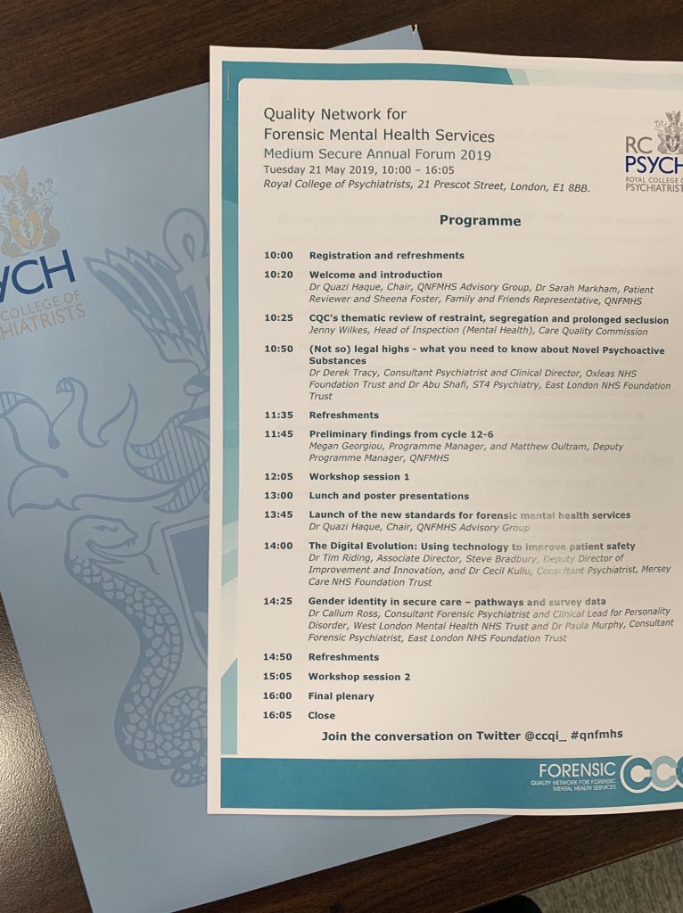 meggeorgiou's tweet image. Excited to welcome delegates to the #QNFMHS #mediumsecure annual forum today. Themes include use of #restraint #segregation &amp;amp; #seclusion #novelpsychoactivesubstances #technology and #genderidentity @CCQI_