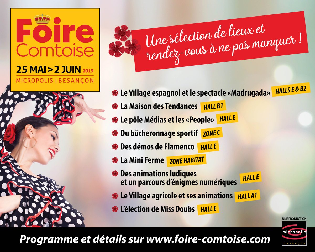 La Foire Comtoise c'est déjà dans 4 jours !! 😍 Découvrez un petit récapitulatif des animations qui vous attendent, en plus de nos super exposants tous secteurs d'activités confondus ! 

Soyez présents du 25 mai au 2 juin pour 9 jours de folie ! 

#FoireComtoise2019 #Besancon