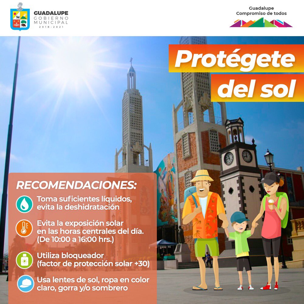 Proteger del sol y seguir las recomendaciones de salud es muy importante para evitar afecciones, principalmente en los niños y los adultos mayores☀️🌄
En #Guadalupe, hoy #martes, se pronostican temperaturas superiores los 36 grados.
