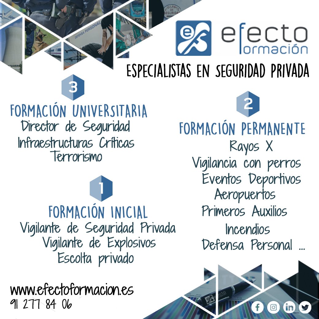 efectoformacion's tweet photo. Hoy 21 de mayo se celebra en #Espana el día nacional de la #Seguridadprivada, es por ello que desde EFECTO FORMACIÓN queremos #felicitar a todos los trabajadores del sector (#vigilantes, #directores, profesores y en especial, a todos nuestros #alumnos) https://t.co/SobkeYpz2p