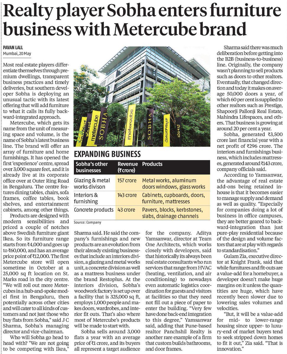 SobhaLtd's tweet photo. #Metercube is the name of #SOBHA's latest #business line. This latest offering will add #furniture & #home furnishings to the company's fully backward-integrated approach. Join us at the exclusive Metercube Experience Center at Bengaluru. https://t.co/BOR1UmZeVC
via @bsindia https://t.co/a39SuK6hU1