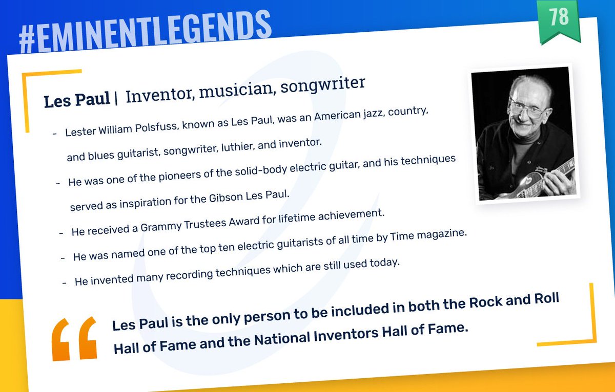 EmiproTech's tweet photo. Legend No: 78
 Les Paul | Inventor, Musician, Songwriter
 "If I have to go around telling everyone how great I am, then there's something wrong with my act." -Les Paul
 #Eminent #EminentLegends #EmiproTech #Legends https://t.co/nTUYtQw2B5