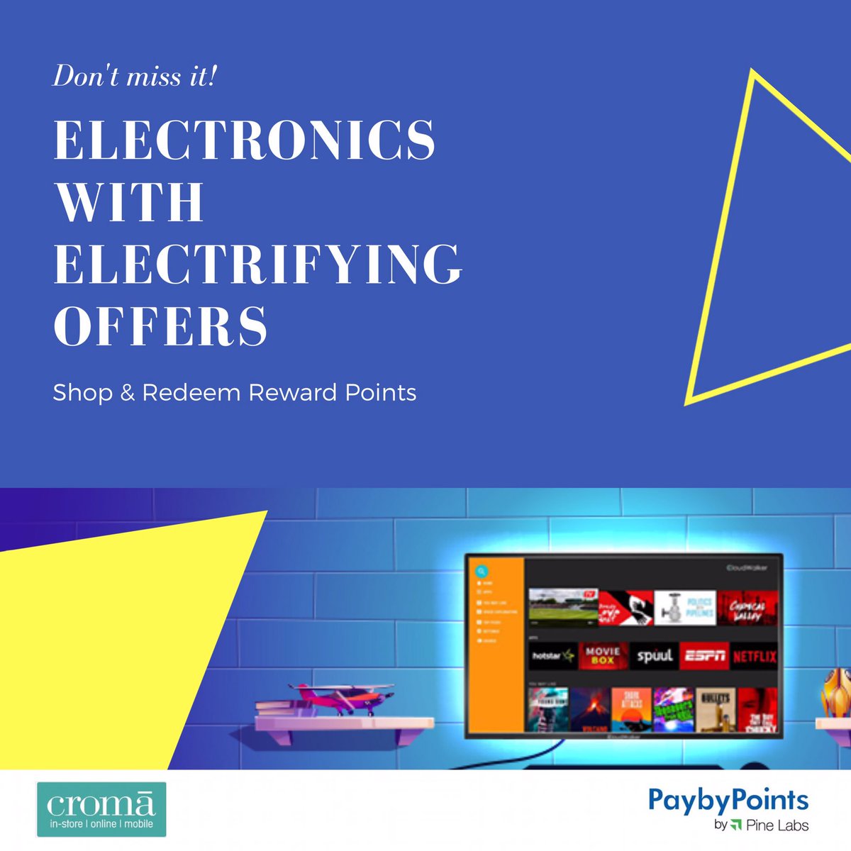 PaybyPoints's tweet photo. Get the best of electronics at Croma Retail and redeem your debit/credit card reward points to pay the bill. #PayByPoints

Ask the cashier for other applicable credit/debit cards. T&amp;C Apply! https://t.co/CESyJ84Uuu