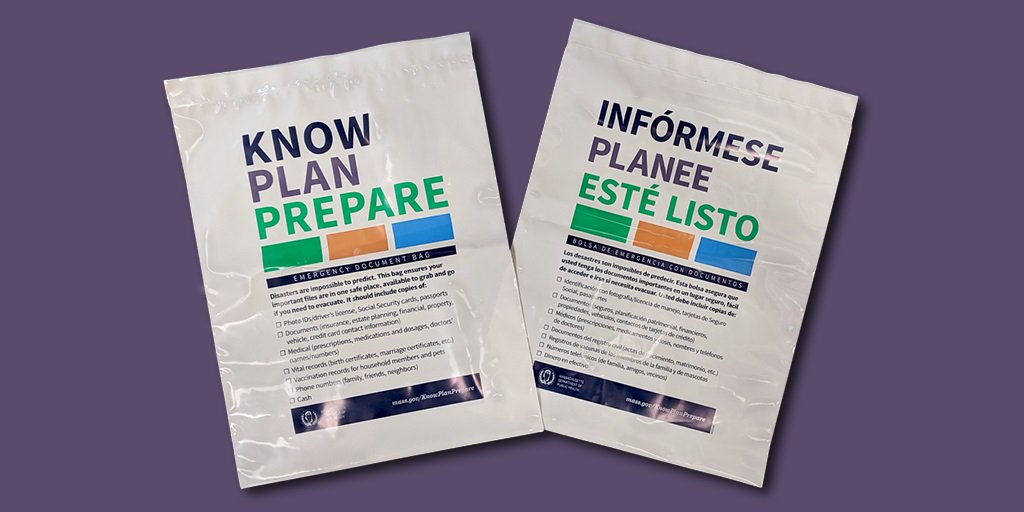 MassDPH's tweet photo. This free document storage bag can help you identify important papers and keep them together in a safe and secure place – so you can grab and go in case of an emergency. Order yours here: https://t.co/3bydTJwtT6 #KnowPlanPrepare https://t.co/HkqO0V5sEO
