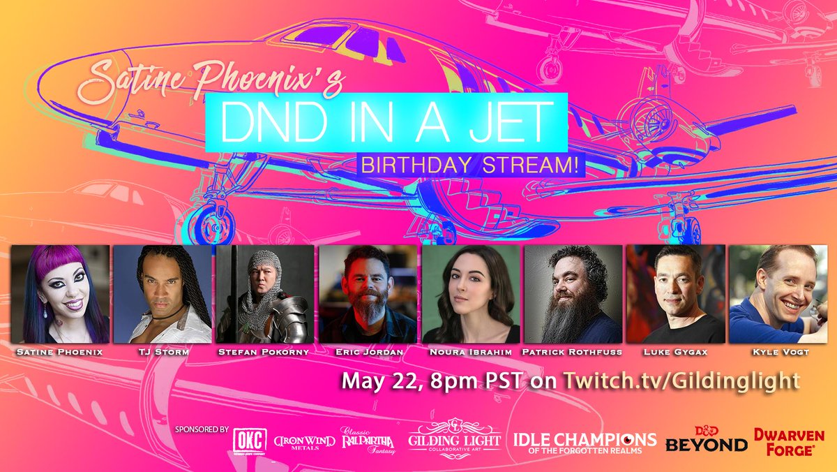 satinephoenix's tweet photo. !! #DnDinaJet BDAY #Jetstream https://t.co/G9ujP0ZEeA May 22, 8pm PST. 
Me &amp; @TJStorm01 @stefandwarven @ericremyjordan @nouralogical @PatrickRothfuss @lukegygax @KyleVogt est. #MileHighDnD
@idlechampions @DnDBeyond @DwarvenForge @GildingLight
#OntarioKnifeCo #Ralpartha #Ironwind https://t.co/mERwlk0uPN
