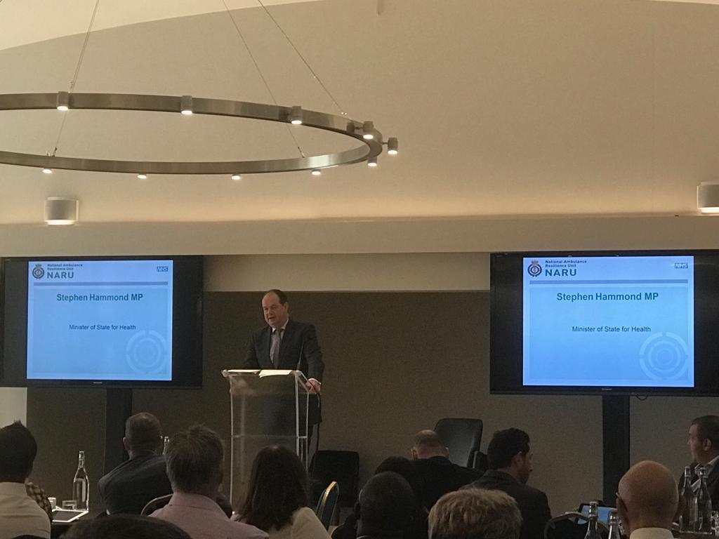 . <a href="/S_Hammond/">Stephen Hammond</a> MP, Minister of State for <a href="/DHSCgovuk/">Department of Health and Social Care</a>, speaking today at the #Ambulance Services Winter and #Interoperable Capabilities Learning Event in London, organised by <a href="/NARU_org/">The National Ambulance Resilience Unit</a> and hosted by Anthony Marsh, National Strategic Adviser for Ambulance Services.