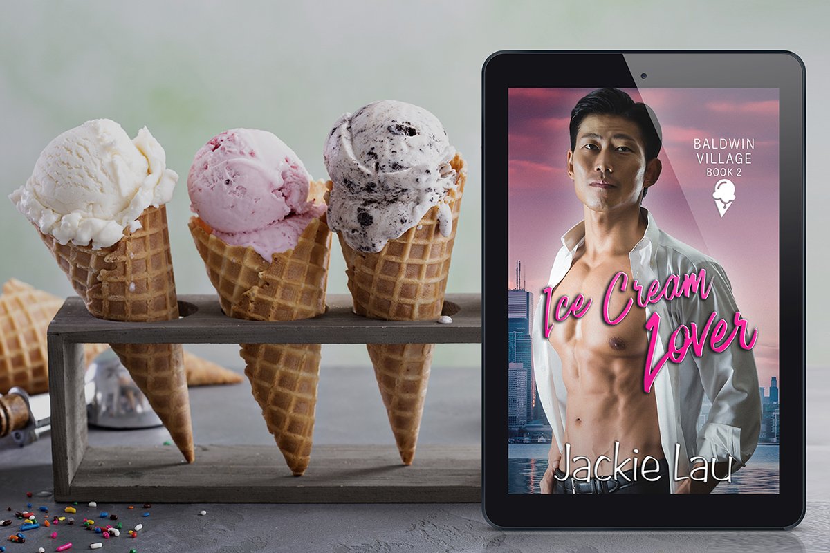 three ice cream cones, next to tablet with cover of Ice Cream Lover