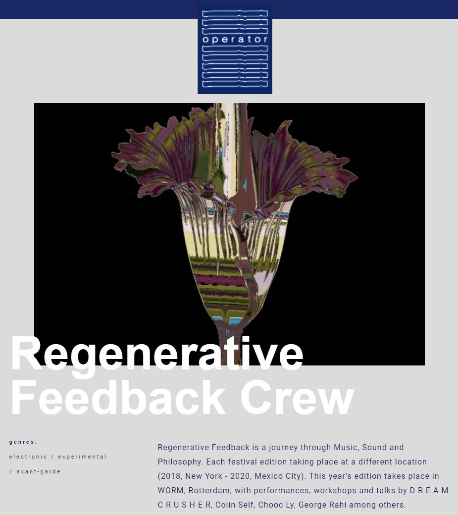 regenerativefe1's tweet photo. Tune in TOMORROW for 2h of carefully crafted music by amazing artists, including participants of the upcoming #RF19 this weekend 💜We're on from 16-18.00 ! #regenerativefeedback #operatorradio #wormrotterdam
Tickets ⟹ https://t.co/C4e97IIkqs   
Attend ⟹ https://t.co/tIr3s6NYZ7 https://t.co/cWkheq1CQm