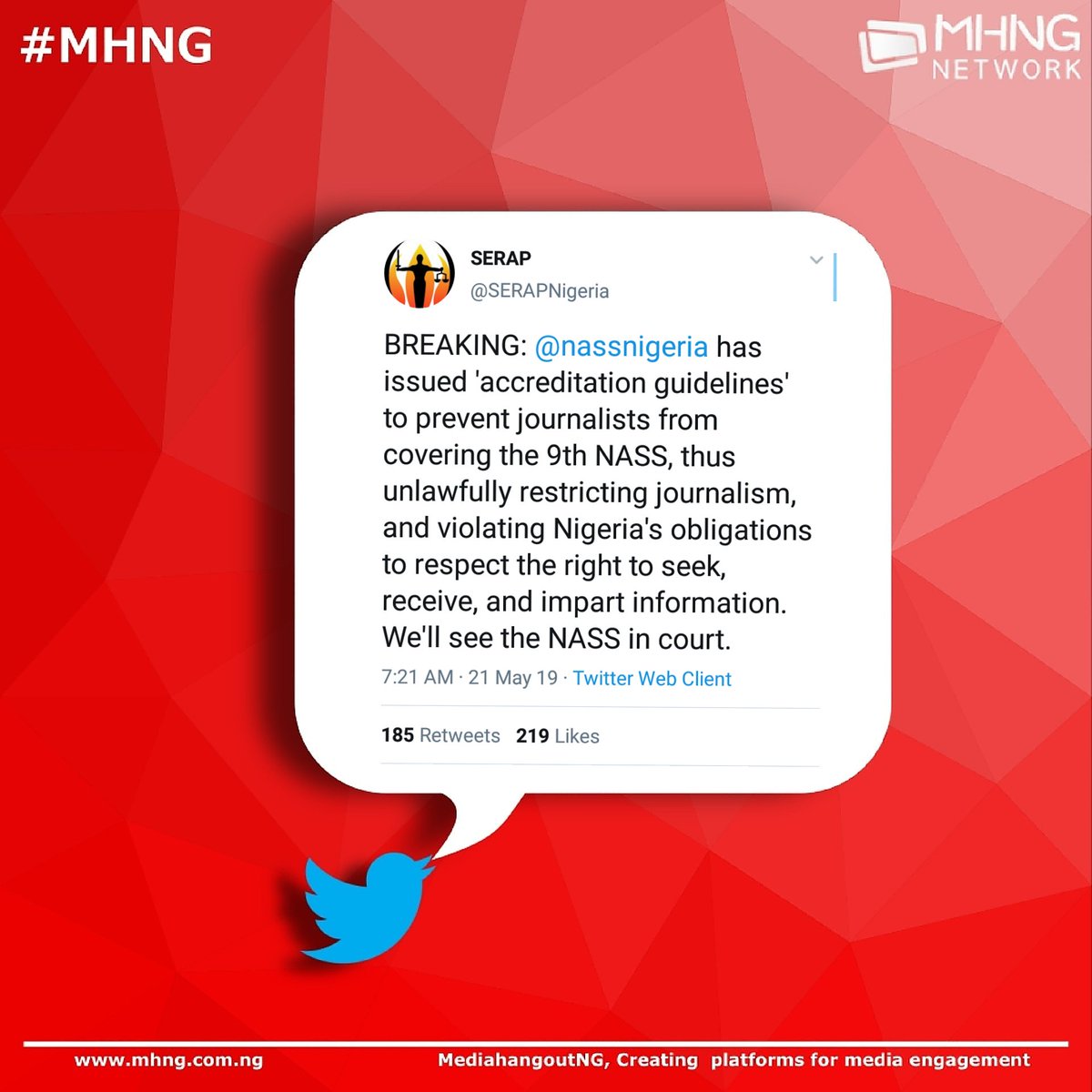 mpdinitiative's tweet photo. #MHNGINTERACT
The National Assembly has issued 'accreditation guidelines' to prevent journalists from covering the 9th National Assembly
WHAT ARE YOUR THOUGHTS?
#nigeria #NASS #mediahangoutng https://t.co/qq09LsOWcR