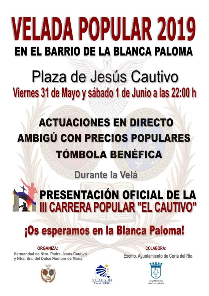 VELADA POPULAR 2019

Será durante los días 31 de Mayo y 1 de Junio a partir de las 22 h. Contaremos con actuaciones en directo, tómbola benéfica y nuestro ambigú donde podréis disfrutar de tapas y bebidas a precios populares.

Os esperamos con los brazos abiertos. ¡¡No faltéis!!