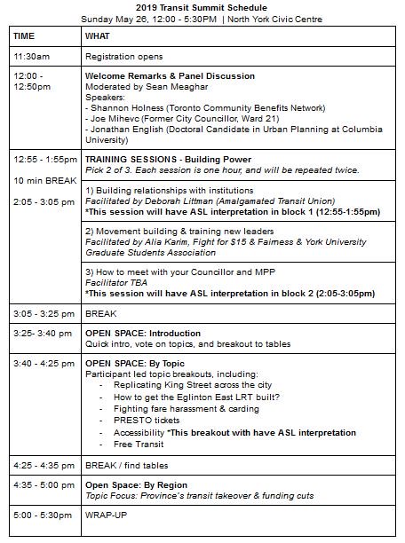 ttcriders's tweet photo. The #transitsummit2019 schedule is out! Transit riders from across the GTHA will come together to sharpen their advocacy skills and connect with others doing the work to strengthen our movement.
Register now to join us: https://t.co/n5JqFW19DD
#topoli #ttc https://t.co/t6SH7mQzZY