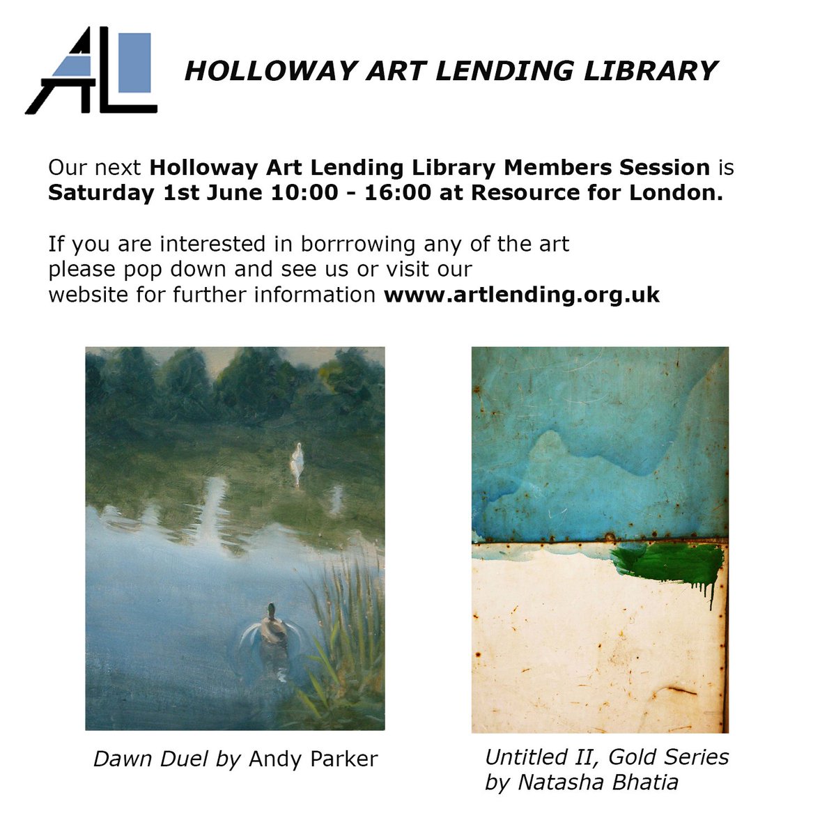 Next Members Session is on Saturday 1st June 10am - 4pm @Resource4London Please do come along and see some of the beautiful art that we have available to borrow including work by artists Andy Parker and Natasha Bhatia