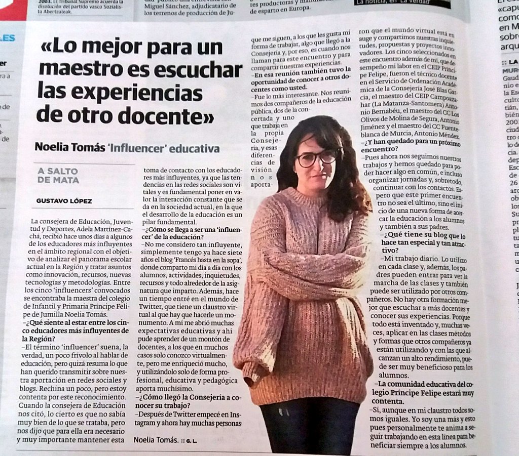 Me ha hecho mucha ilusión que  <a href="/laverdad_es/">laverdad_es</a> haya publicado esta entrevista en el periódico de hoy y se lo agradezco de corazón, sobre todo en nombre de todos esos maestros de aula que, como yo, hacen todo lo posible por sus alumnos. ¡Va por ustedes maestros! #soyMaestro