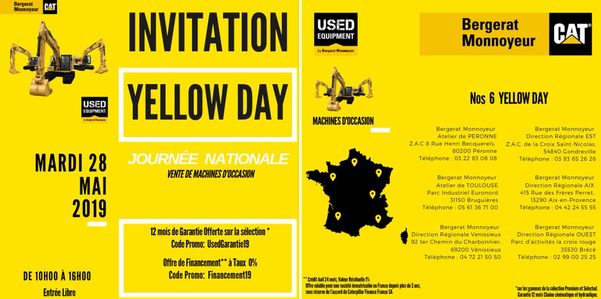 UsedEquipmentBM's tweet photo. Vous l'attendiez ! Elle est arrivée !! Yellow Day !!
La journée nationale de vente de machines d'occasion dans toutes nos régions à une date unique ---> Le 28 Mai 2019
Inscrivez-vous--> https://t.co/SOAxuctqy5 https://t.co/8QdFmHZGLB