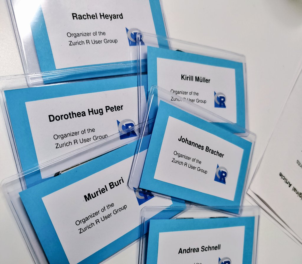 murielburi's tweet photo. Looking forward to @ZurichRUsers event tomorrow at #Helbling. Nametags for the organizers are ready (special thanks to @johannesbracher 🙏🏽)! 💪🏽 #rstats https://t.co/z239tABQGE