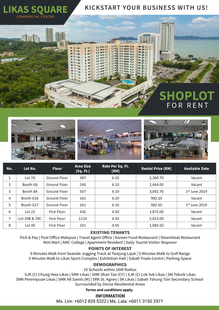 Are you looking for an office space or a shop lot in an ideal location in KK? Look no further, Likas Square is only 5 minutes to city centre and the residential ares including Damai, Foh Sang, Luyang and of course Likas.