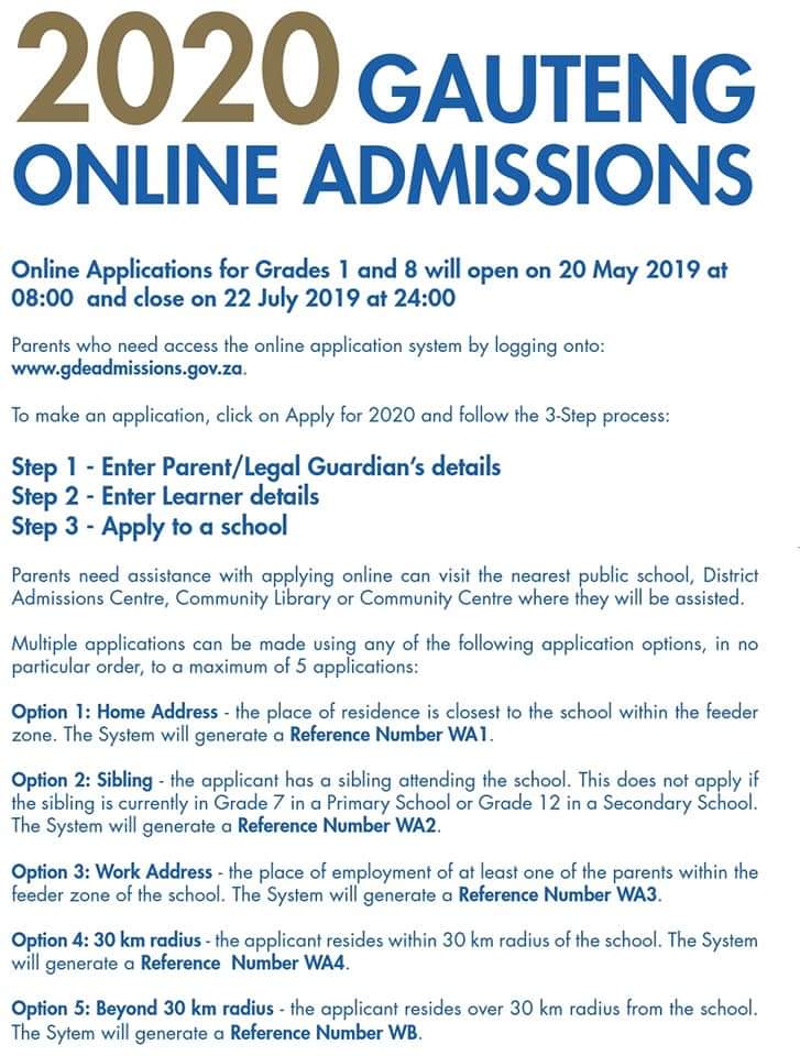 GautengProvince's tweet photo. The Gauteng Department of Education is pleased to inform parents that the Admissions Online Applications is now open for Grade 1 and Grade 8 for the 2020 Academic Year. Applications will close on 22 July 2019. #ApplyOnline #ApplyOnTime https://t.co/Y59A6NTkgx