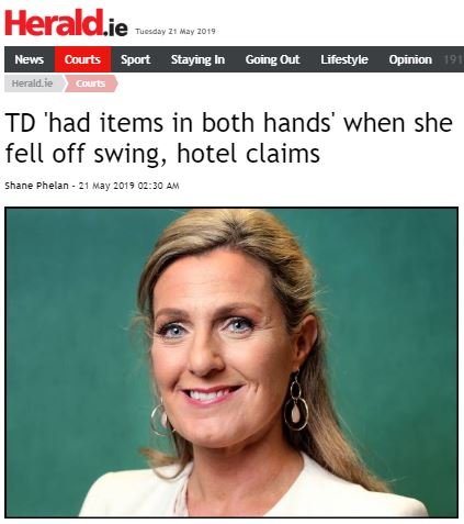 InsuranceRefIre's tweet photo. "In defence papers filed with the court, the hotel alleged she failed to use the swing in a proper manner and held items in both hands, restricting her ability to balance and preventing her from holding rope grips properly."

#InsuranceReform 

https://t.co/OcRt6PdmPE https://t.co/BEGmL5qEhc