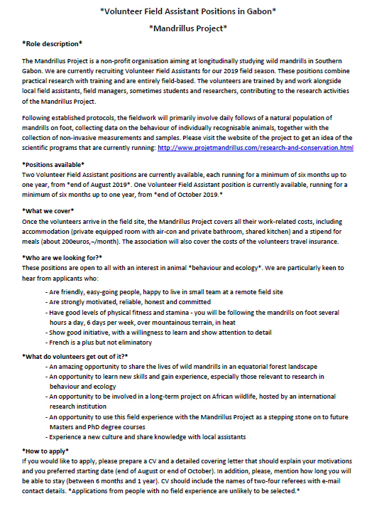 HyenaProject's tweet image. ❗️#FieldAssistant position❗️
 The #Mandrillus Project is seeking 3 volunteers to collect data in #Gabon.
 This is a great opportunity to:
   1. Gain field experience
   2. Study fascinating animals🐒🐵
   3. Be part of a great team led by Marie Charpentier @isemevol @INEE_CNRS