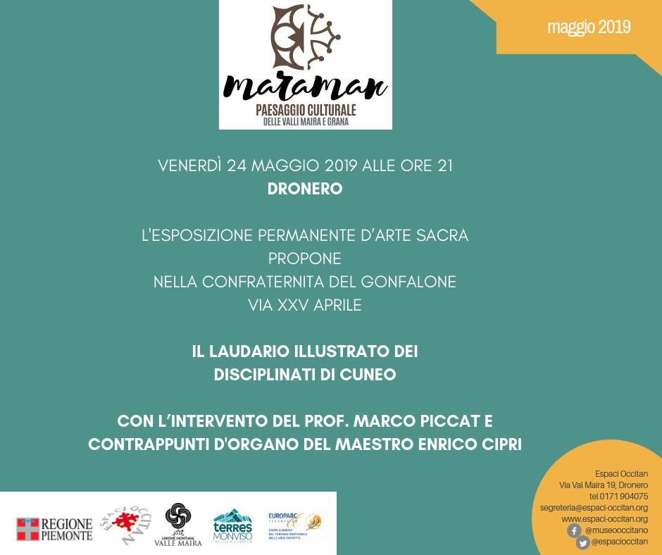 EspaciOccitan's tweet photo. Venerdì 24 maggio alle 21 a Dronero nella Confraternita del Gonfalone  #Maraman: IL LAUDARIO ILLUSTRATO DEI DISCIPLINATI DI CUNEO con @marcopiccat3 e all'organo Enrico Cipri. Ingresso gratuito #occitan Val #Maira https://t.co/xwPcV7GBb4