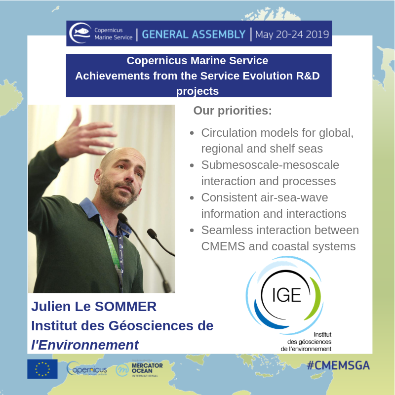 CMEMS_EU's tweet photo. Live @ #CMEMSGA in #Brussels🇧🇪
@jlesommer  from @IGE_Grenoble is showcasting the next priorities from the Service Evolution R&amp;D projects, including consistent air-sea-wave🌊 information &amp; interactions, relation between CMEMS &amp; coastal system and circulation models. https://t.co/7lnaGqxtkf
