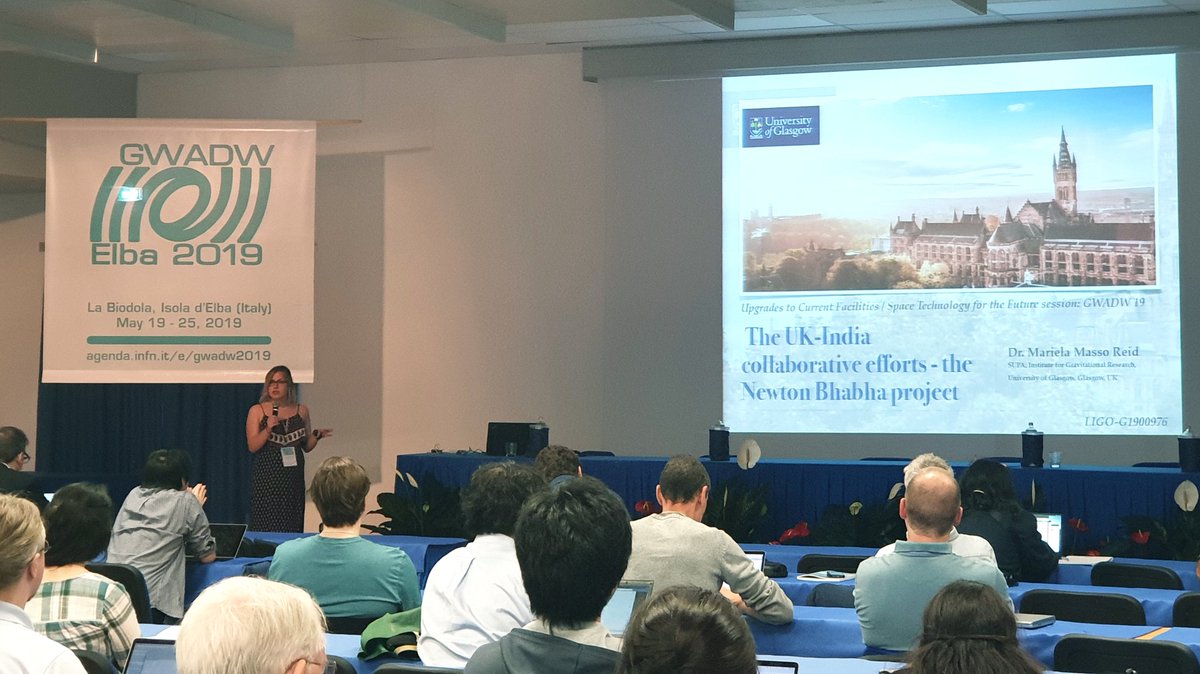 UofGravity's tweet photo. This week some members of IGR are at GWADW2019 in Elba, Italy. First @UofGlasgow @UofGSciEng @UofGPhysAstro speaker of the week is Dr Mariela Masso Reid talking about "The UK-India collaborative efforts - The Newton Bhabha project" #GravitationalWaves @LIGO @LIGOIndia @ego_virgo https://t.co/W0BWquxhvA