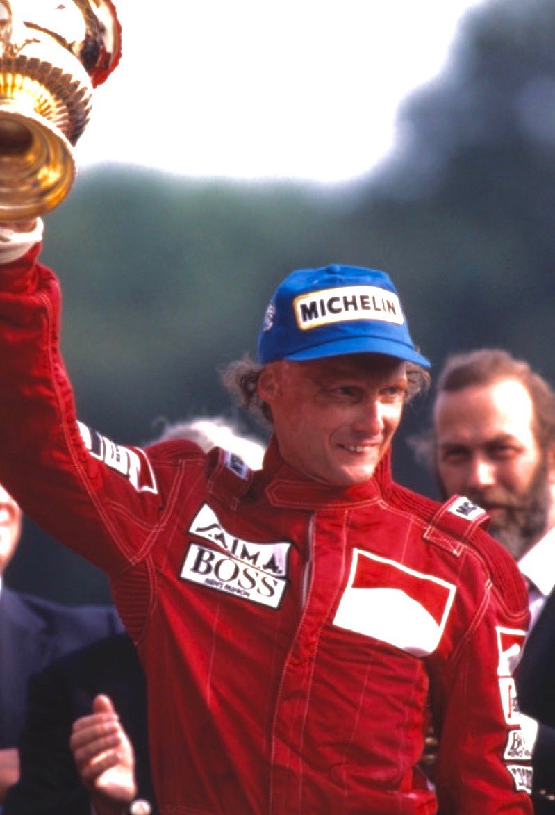RIP NikiLauda . The smile says it all. Winner 1984 British Grand Prix. He cheated death 43 years ago and went on to win another 2  world titles, started an airline company and stayed in the #F1 world.  #Legend