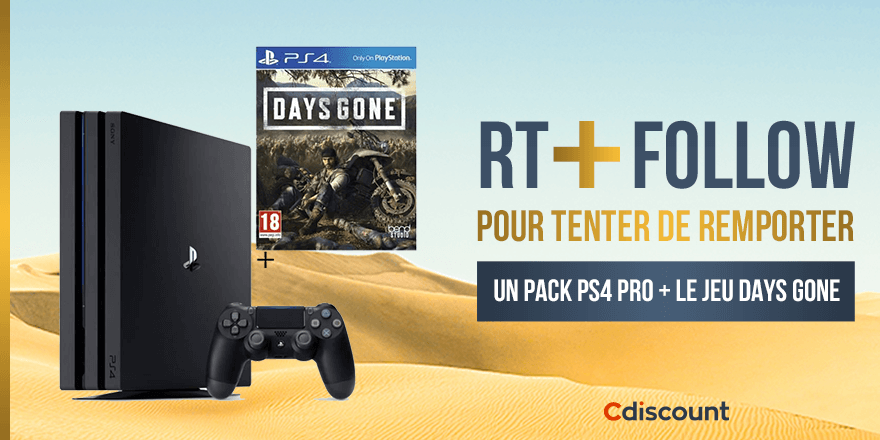 Cdiscount's tweet image. 🎁 #Concours

🎮 Un pack PS4 Pro + Days Gone à remporter &amp;gt; bit.ly/2Vy6kzH

🔸 Pour tenter de le gagner : RT + Follow @Cdiscount

☑️ TAS 28/05