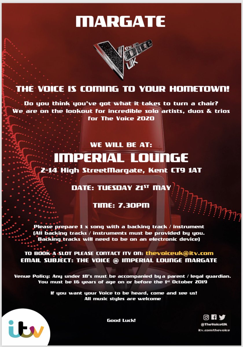 MARGATE today is the day!!! Get down to Imperial Lounge and show us what you’ve got 🎤🎤🎤 #thevoiceuk PLS RT @margatemercury @Visitmargate @LoveMargate @TheatreRoyal @TCMargate #Margate #retweet