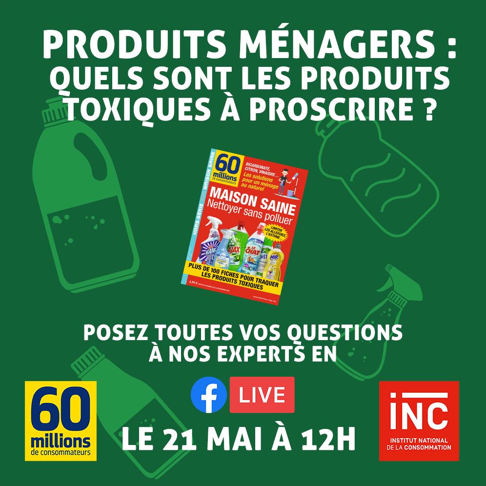 Posez vos questions à 12h00 à nos experts sur les #produits ménagers #toxiques. dans notre Facebooklive "Maison saine".
<a href="/60millions/">60 Millions de consommateurs</a>