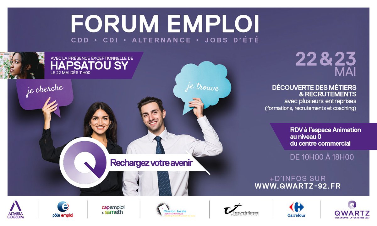 À la recherche d’un nouvel emploi, d’un job d’été ou d'une formation ? À vos CV !
Le #ForumEmploi ouvre ses portes les 22 et 23 mai de 10h à 18h ! 💼 
Le 22 mai dès 11h, profitez de la venue de <a href="/HapsatouSy/">Hapsatou SY</a> qui échangera sur l'entreprenariat et répondra à vos questions 👌