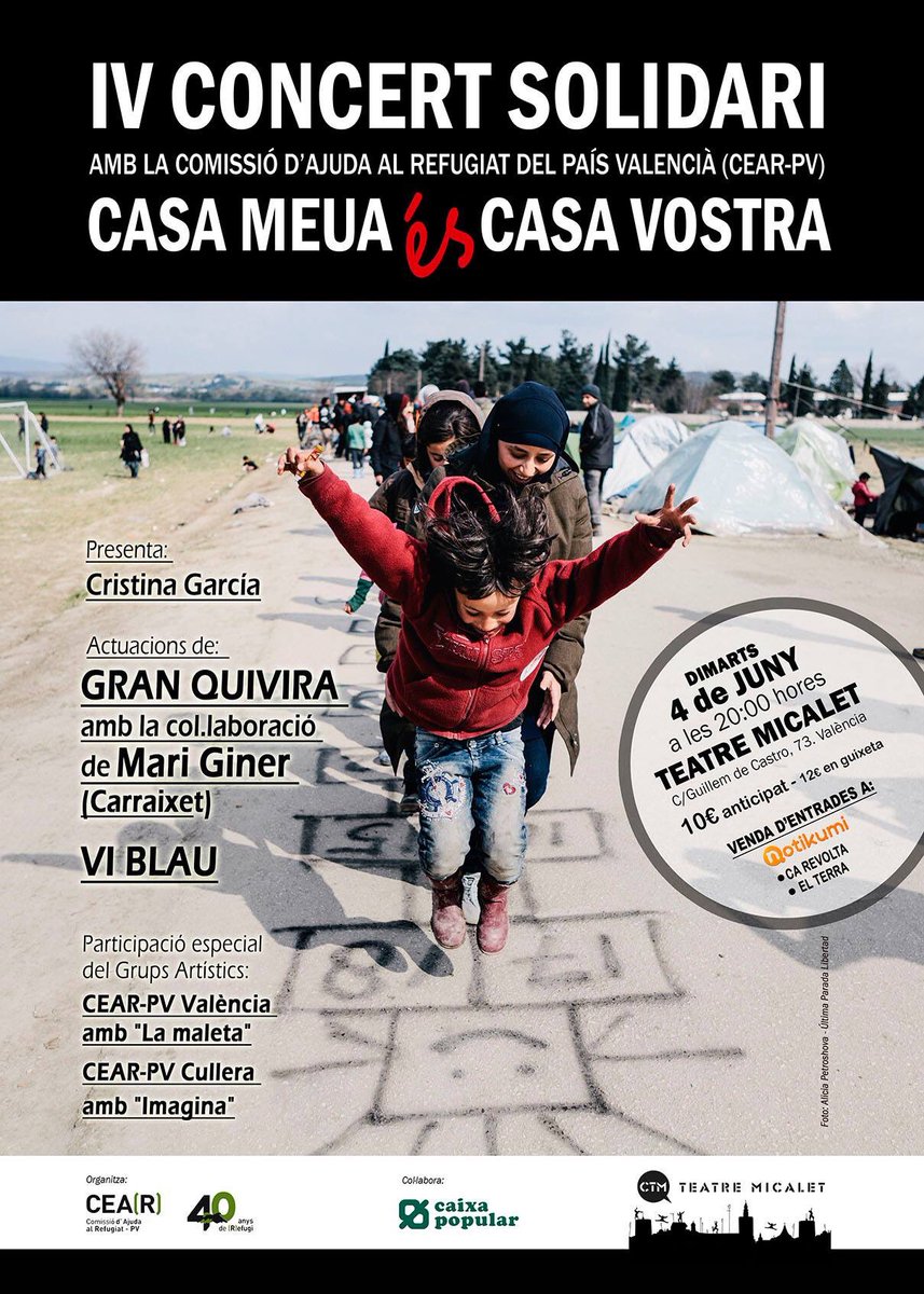 El próximo 4 de junio participamos en el concierto solidario de <a href="/CEARefugio/">CEAR</a> junto a <a href="/vi_blau/">Vi Blau</a>. Además nos acompañará <a href="/MariGiner3/">Mari Giner</a> de <a href="/GrupCarraixet/">Carraixet 🇵🇸</a> ¡No podéis faltar!