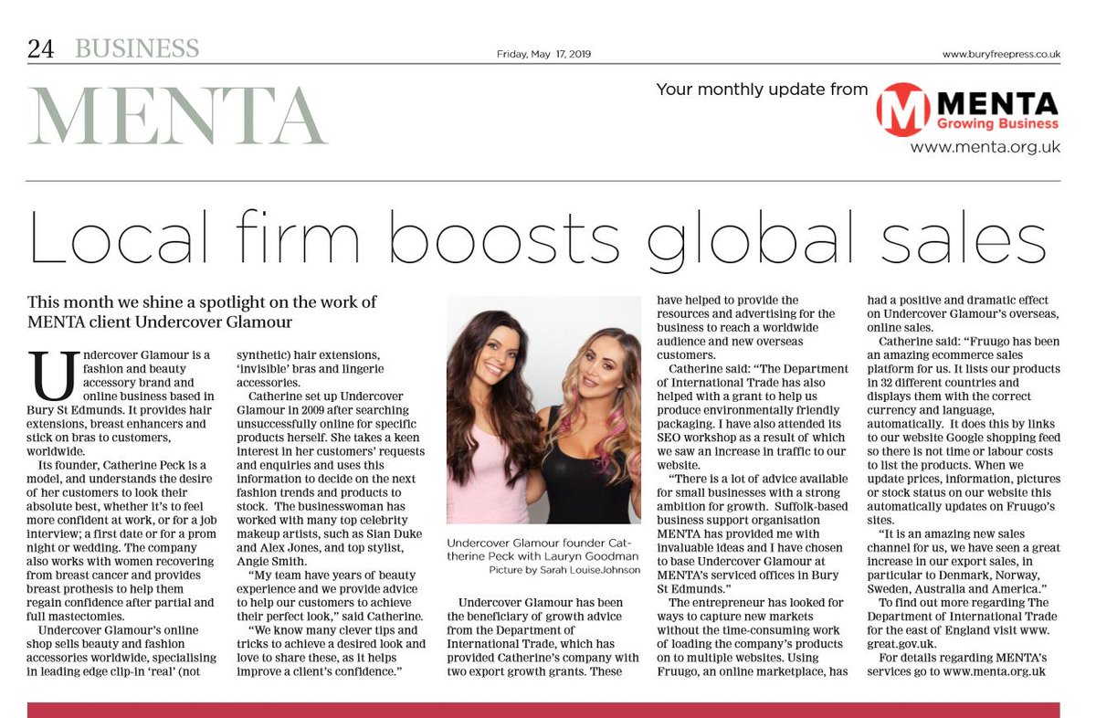 Thank you so much to Leanne @WoMenta <a href="/MENTABusiness/">MENTA Business support for Norfolk and Suffolk</a> <a href="/buryfree/">Bury Free Press</a> for this fab article 👏🙌🏽 We share how <a href="/fruugo/">Fruugo (fruugo.com)</a> <a href="/TedHettich/">Ted Hettich</a> &amp; the Dept of International Trade @tradegovuk &amp; <a href="/FootprintDigit/">Footprint Digital</a> have helped our #SME international #export sales for  undercover-glamour.com  👏🙌🏽