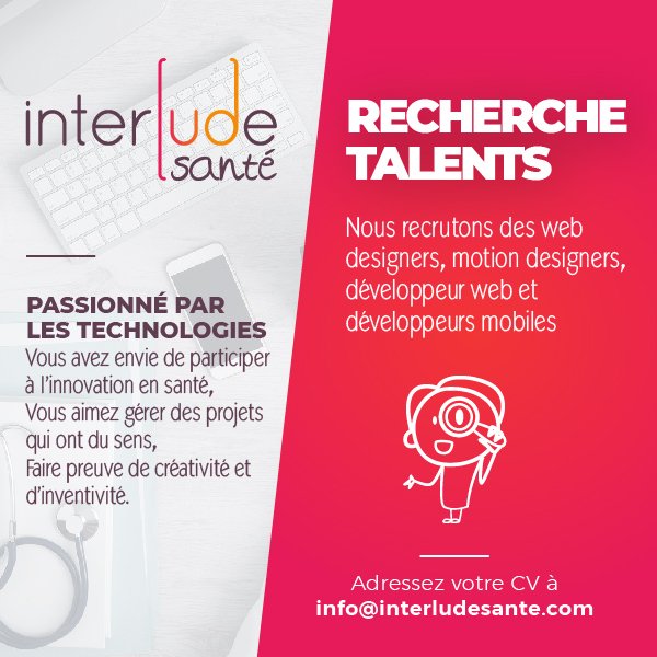 InterludeSante's tweet photo. Vous voulez participer à l’innovation en santé ?
Ingénieurs, développeurs, créatifs, en quête de projets et d'aventures variées et passionnantes, Interlude Santé vous attend :) 
#recrutement #ingenieurmobile #developpeurweb #wordpress #UXdesign #infographie https://t.co/ttuf7lhSbD