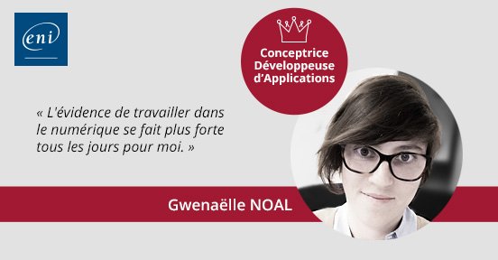 ENIEcoleInforma's tweet photo. Comme Gwenaëlle 👩 devenez Conceptrice Développeuse d'Applications 💻
👉 Découvrez son témoignage https://t.co/5RlO913uFJ
#QueenCodeuse 👑 #womenatENI #womenintech https://t.co/bWn4elOGdn