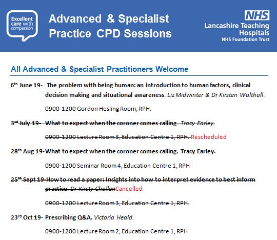 Our <a href="/LancsHospitals/">Chorley & Royal Preston</a> Advanced &amp; Specialist Practice CPD timetable is now live! Have a look on the Advanced Clinical Practice page on the intranet for more details or drop me/ <a href="/jill_billi/">Jill Billington</a>  / <a href="/EarleyTracy/">tracy earley</a> an email. All LTH advanced and specialist practice staff welcome!