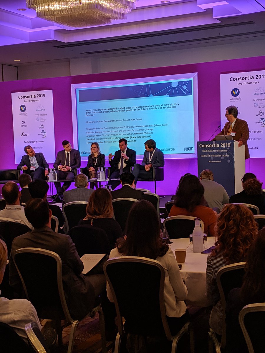 BCR_TRFNews's tweet photo. First panel of #Consortia19: Consortiums Explained - stage of development, how they differ, what their plans are for the future with @we_dot_trade @network_polo @IoKomgo Voltron, Trade Info Network #Blockchain #DLT #TradeReceivables https://t.co/hBroakeINS