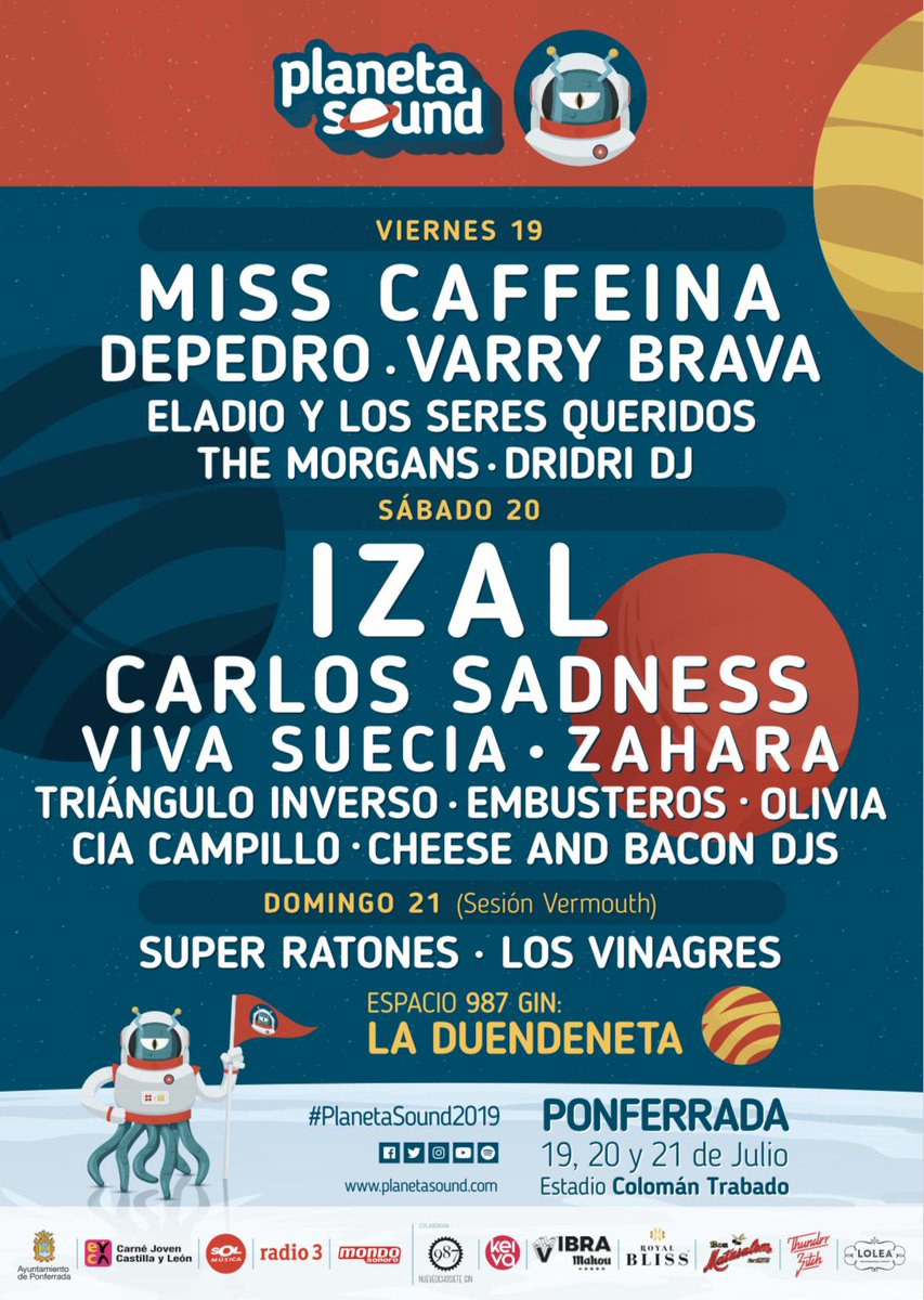 planeta_sound's tweet photo. 📅¡Así quedará el cartel por días de #PlanetaSound2019! 

🔥La primera edición de #PlanetaSound promete...🔥 Estos serán los artistas que aterrizarán los días 19, 20 y 21 de julio en nuestro escenario.

🎫Consigue tu abono en https://t.co/eenTtSGQHI. https://t.co/w5ReFfLDLK