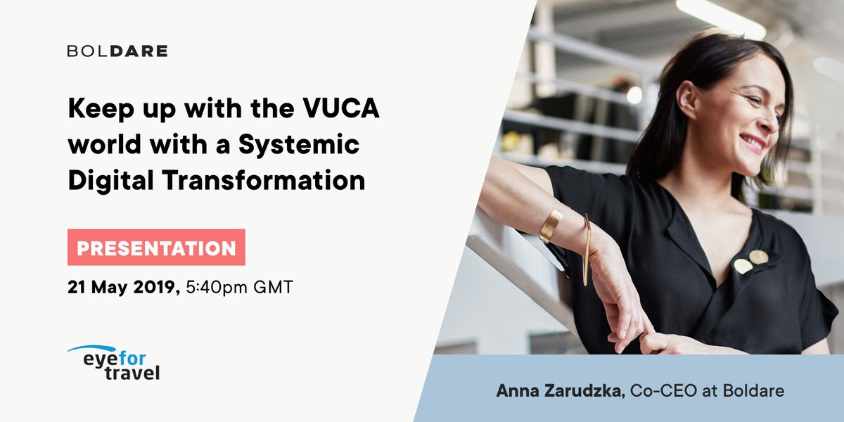 Boldarecom's tweet photo. Join us during @AnnaZarudzka's presentation 👉 "Keep up with the VUCA world with a Systemic Digital Transformation".
⏰ 5:40 pm GMT at @EyeforTravel's Digital Strategy Summit.
#eftLondon #EyeForTravel #DigitalTransformation https://t.co/yMT0d2IZLt