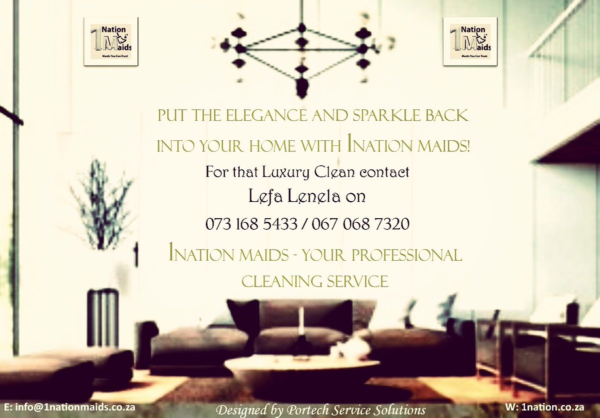 PortechService's tweet image. 1Nation maids - your professional Outsourcing cleaning service provider. Dont Delay contact Lefa for your free quote on 073 168 5433 or 067 068 7320. This ad was brought to you by portech service solutions! #cleans #Johannesburg