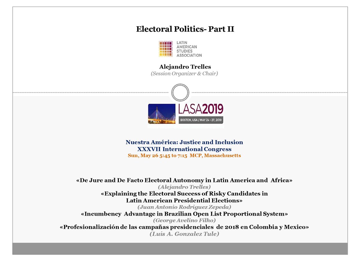 Pol_Science_Es's tweet photo. Participación de los miembros del Proyecto en #LASA2019Boston !!

📢 #JuanARodrigezZepeda presenta su investigación sobre #ÉxitoElectoral  y #Candidaturas presidenciales en  #AméricaLatina en el panel internacional: «Electoral Politics»  
📌¡Te esperamos!! https://t.co/m1pJt6yItS
