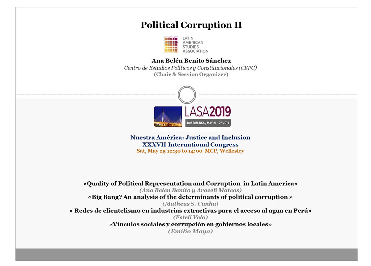 Pol_Science_Es's tweet photo. Participación de los miembros del Proyecto en #LASA2019Boston !!

📢#AnaBelenBenito  y #AraceliMateos presentan su investigación
sobre #CorrupciónLegislativa en #AméricaLatina en el panel internacional: «Political Corruption II»  

📌¡Te esperamos!! https://t.co/56SRBUs5TR