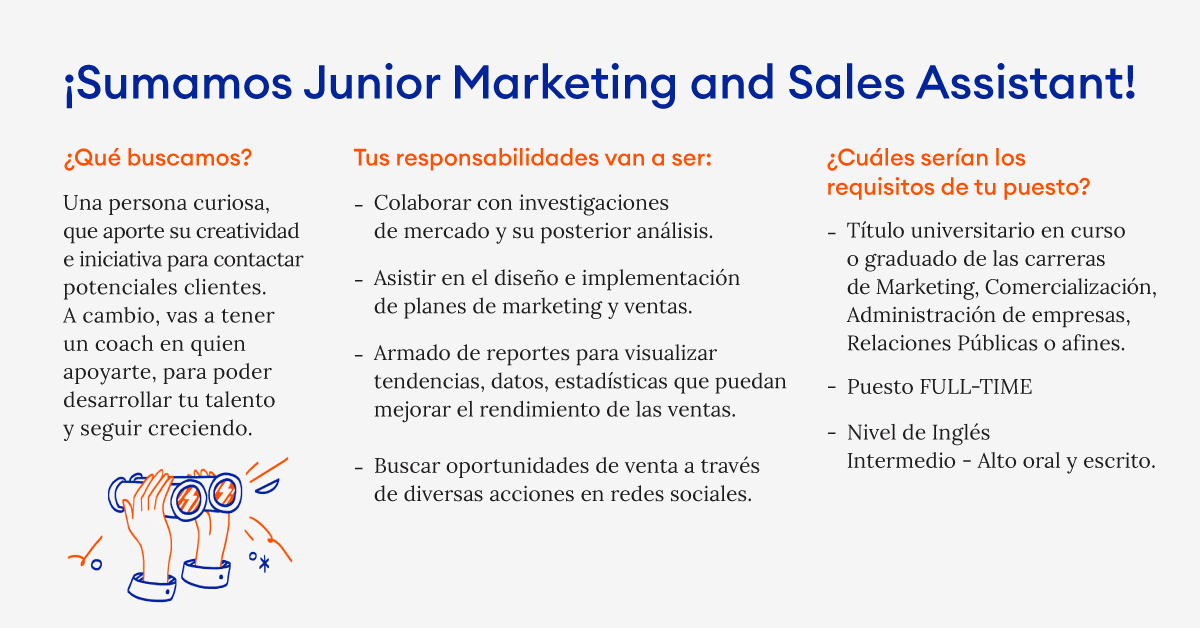 Sumamos Junior Marketing and Sales Assistant a nuestro equipo. Para nosotros, desarrollar un negocio, es darle un enfoque humano. Si lo tuyo es la relación con los clientes y el análisis de data para mejorar las ventas, postulate acá: bit.ly/JR-Marketing
