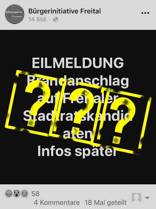 AfD_Check_SN's tweet photo. Die Bürgerinitiative Freital (für die AfD), meldete am 23.04.:
"Brandanschlag auf Freitaler Stadtratskandidaten [der AfD]"

Dieser sogenannte "Brandanschlag", erwies sich im Nachhinein, offenbar als sich selbst entzündeter "Kompostbrand". 

https://t.co/vfDsIOlWmu https://t.co/XVS7jLGrue