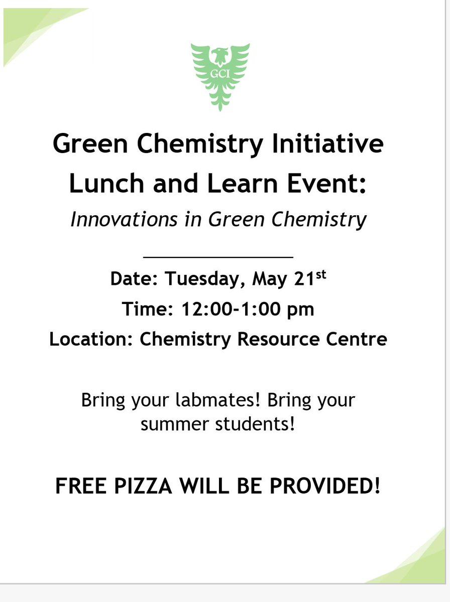 dalgreenchem's tweet photo. Want free pizza? And to learn about new #Innovations in #greenchemistry? Check out our lunch and learn event today at noon in the resource center! #RealTimeChem #science #chemistry @DalScience @DalSciSociety @DalhousieChem https://t.co/JlvvLRKYdc