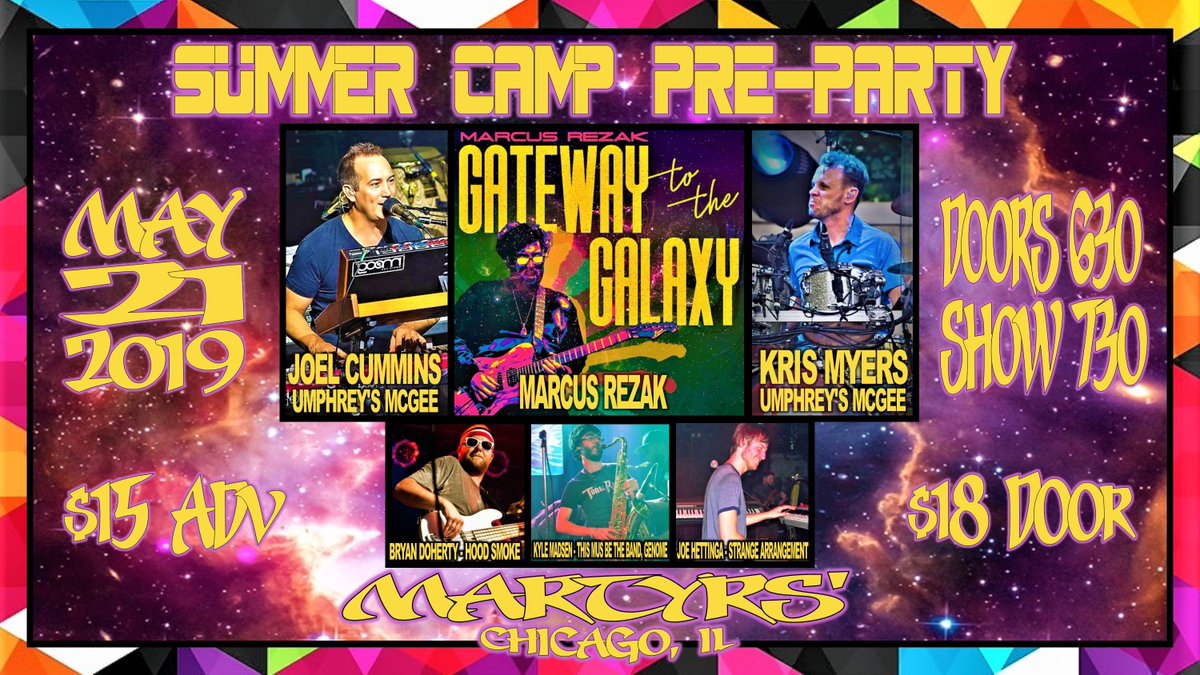 martyrslive's tweet photo. TONIGHT! Members of @umphreysmcgee join @MarcusRezak for #SummerCamp Pre-Party! #GatewaytotheGalaxy #albumrelease ft. @KrisMyersDrums + @goldlikejoel of #UmphreysMcgee & #DigitalTapeMachine, B Doherty (#DTM), J Hettinga (#StrangeArrangement) & Kyle M (#Genome), w #BronsonRock 🎸 https://t.co/RFhCYbkc1q